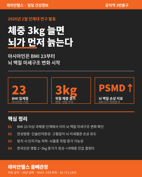 마포 공덕 PT 헬스 피티 체중 3kg만 늘어도 뇌가 먼저 늙는다? BMI 23부터 시작되는 뇌 백질 변화 - 1 - 20260617001159