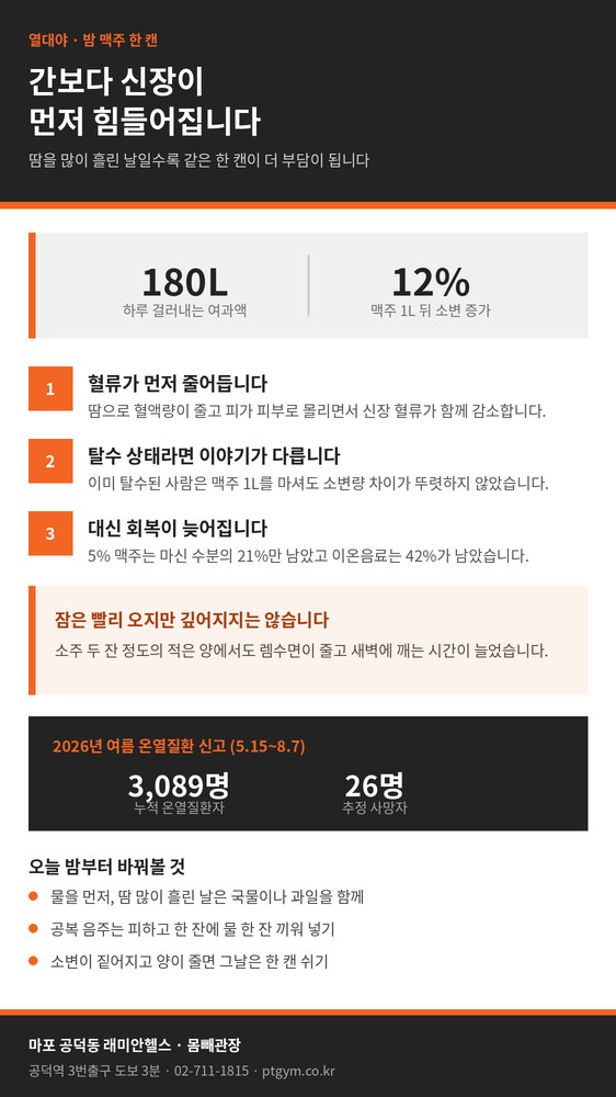 애오개 PT 헬스 | 열대야에 마시는 밤 맥주 한 캔, 간보다 신장이 먼저 힘들어집니다 - 1 - 20260827000556