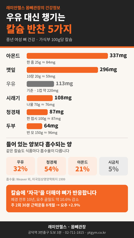 염리동 PT 헬스 | 우유 안 마셔도 칼슘은 채울 수 있습니다 중년 여성 뼈 건강 반찬 5가지와 흡수율 이야기 - 1 - 20260911000746
